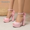 Peep Toe Back Bow Knot Women Platform Sandals Ankle Strap Chunky High Heel Sandal Pink Elegant Ladies Shoes Party Dress Footwear