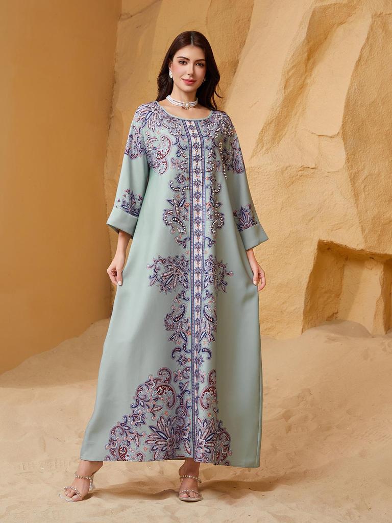 High-Density Beaded Print Muslim Abaya Dress