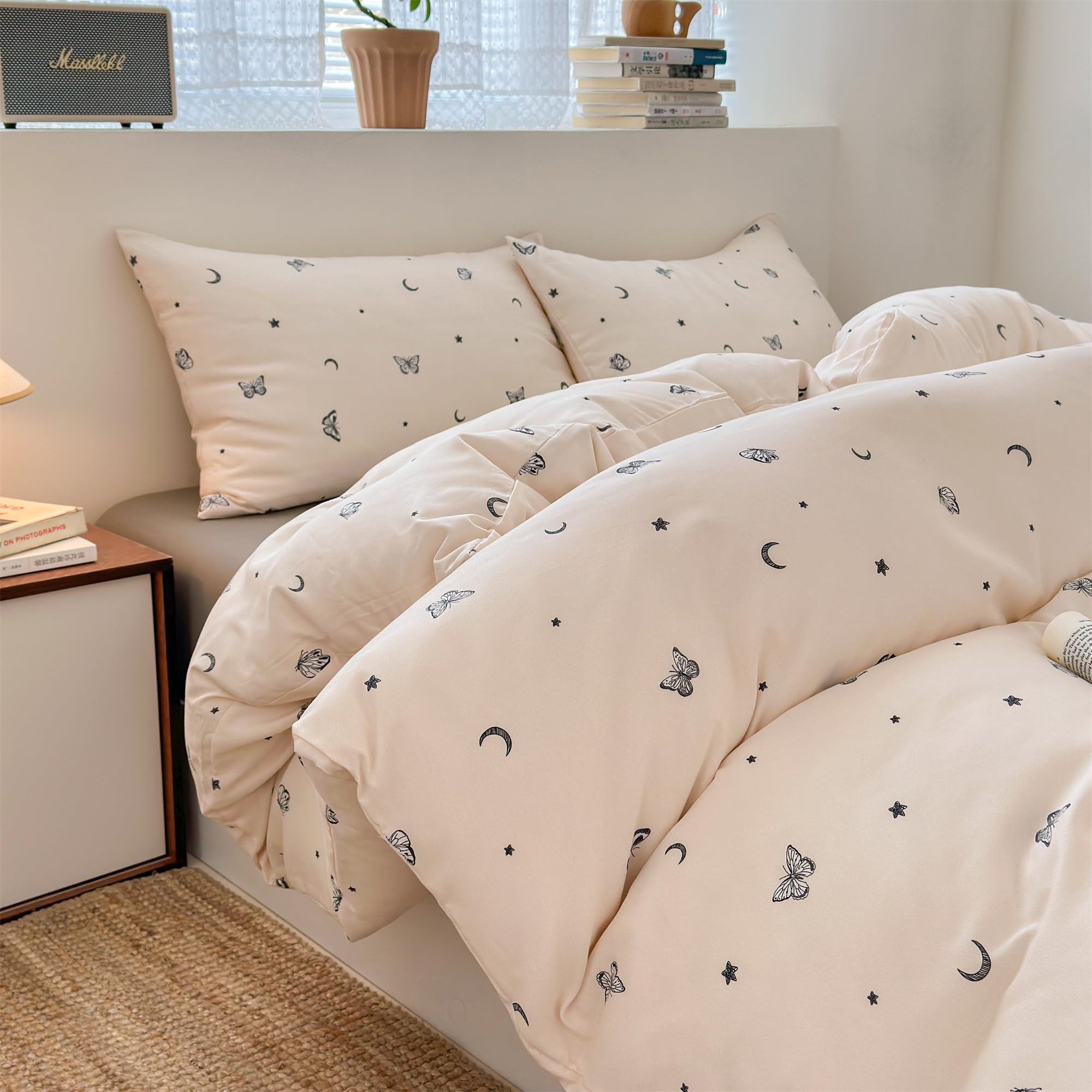 

YYHNOOOOK Двуспальный комплект постельного белья Одеяло Простыня на резинке и Машинная с кулиской Луна Набор из 4 предметов, Пододеяльник, Простыня, Наволочки, Стираемый, Нескользящий (бабочка розовый