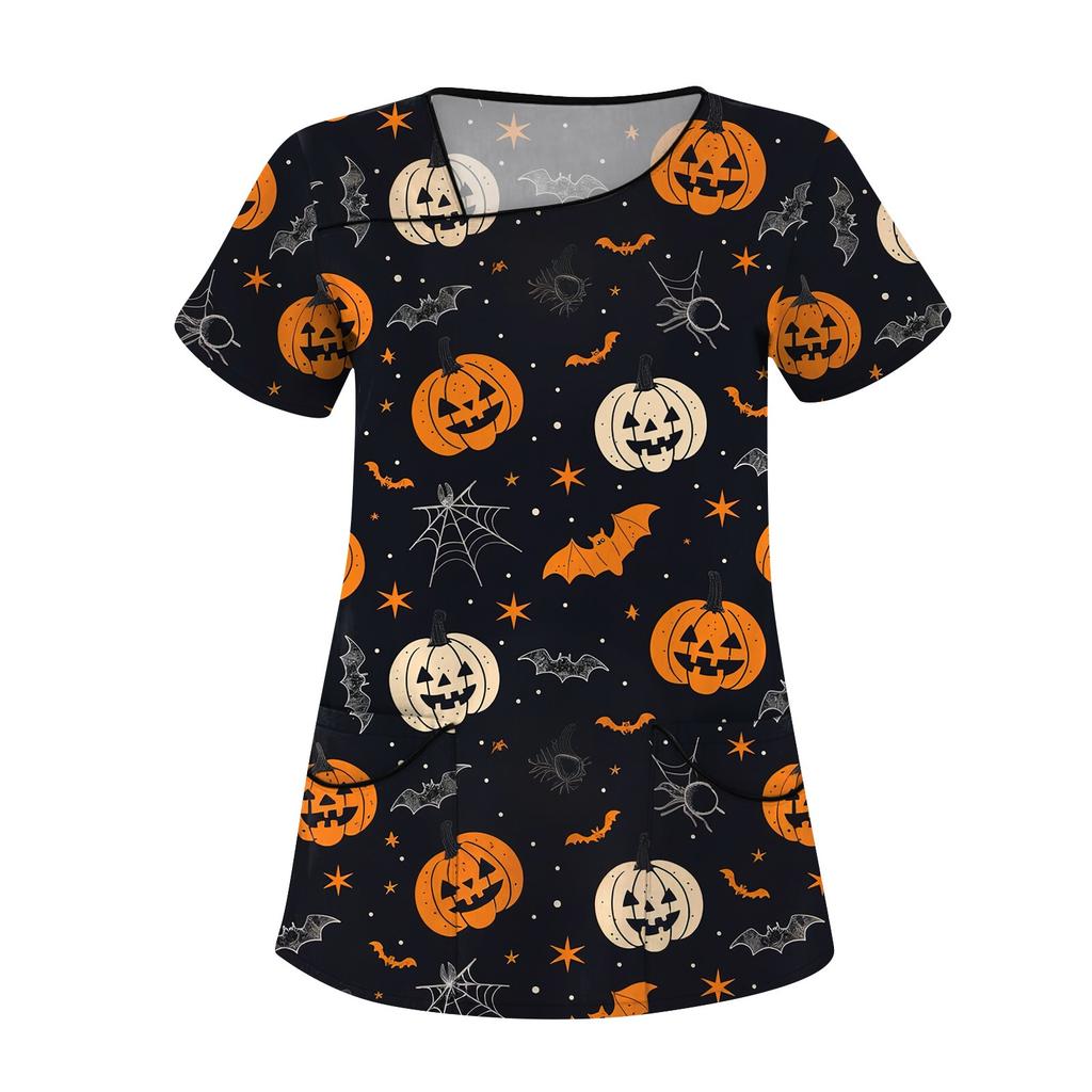 Dámské potištěné pracovní oblečení, šikmý límec a dvojité kapsy, základní top pulovr