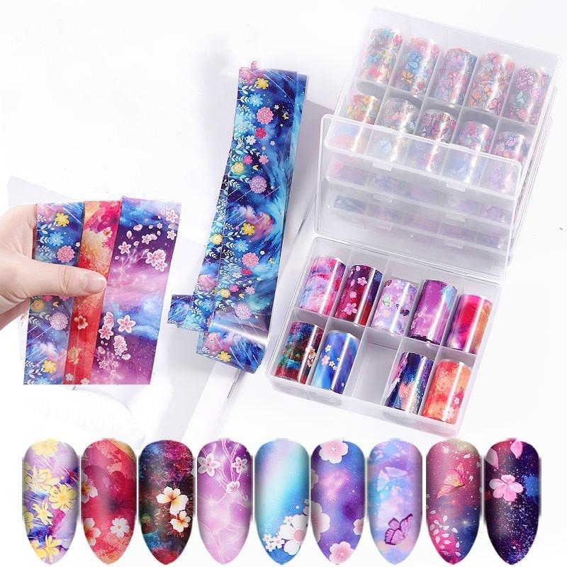 10pcs/box Nail Foil Sticker Set Starry Sky Adhesive Wraps Transfer Paper Nail Art Sticker