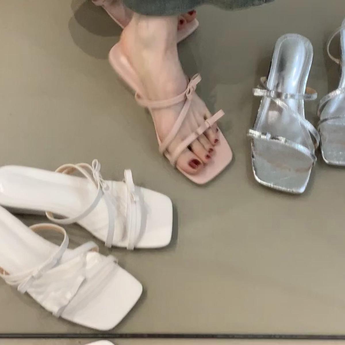 

Square head gentle bow with cool slippers outer wear with skirt fairy wedge slippers 40 абрикосовый