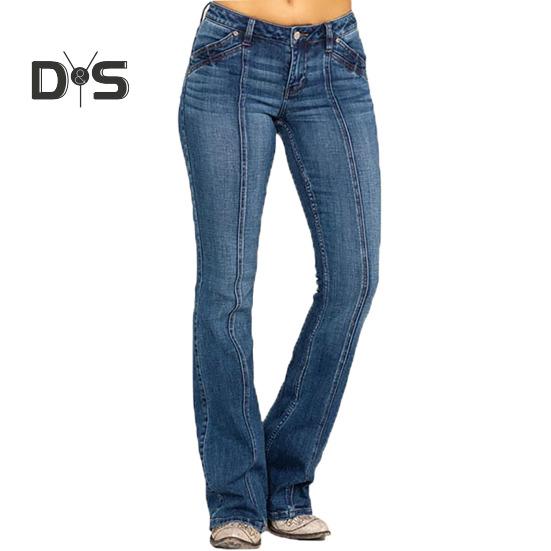 

Женские джинсы с карманами на средней талии и застежкой-молнией на пуговицах в стиле ретро, ​​стираные расклешенные подолы, облегающие цветные женские длинные брюки полной длины 4XL темно-синий