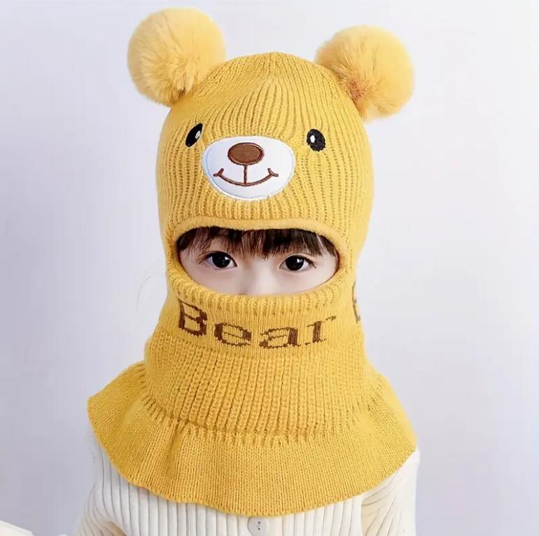 1-8Y Cozy Kids' Bear Ears Mask & Neck Warmer Hat with Pom-Pom Stretchable Winter Warm Coat Accessory for Boys & Girls