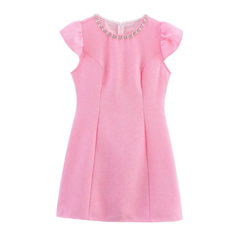 Kaslead New Women clothes Western Style Fashion Simple Heavy Industry Rhinestone Small Flying Sleeve Dress