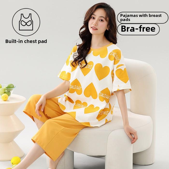2025 Sommer Damen Pyjama Set mit Brustpolster Weich locker Kurzarm Oberteile und Caprihosen Zweiteilige Nachtwäsche Lingerie Homewear