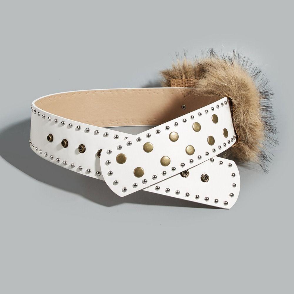 Wide Punk Style Belt Rivet Y2K Waistband Vintage Leather Fur Belt Pants Accessories