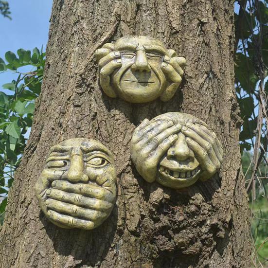 Funny Tree Face Outdoor No Hear No See No Speak Face Statue Garden Tree Hugger Yard Art Decorations for Home Wall Fences Door