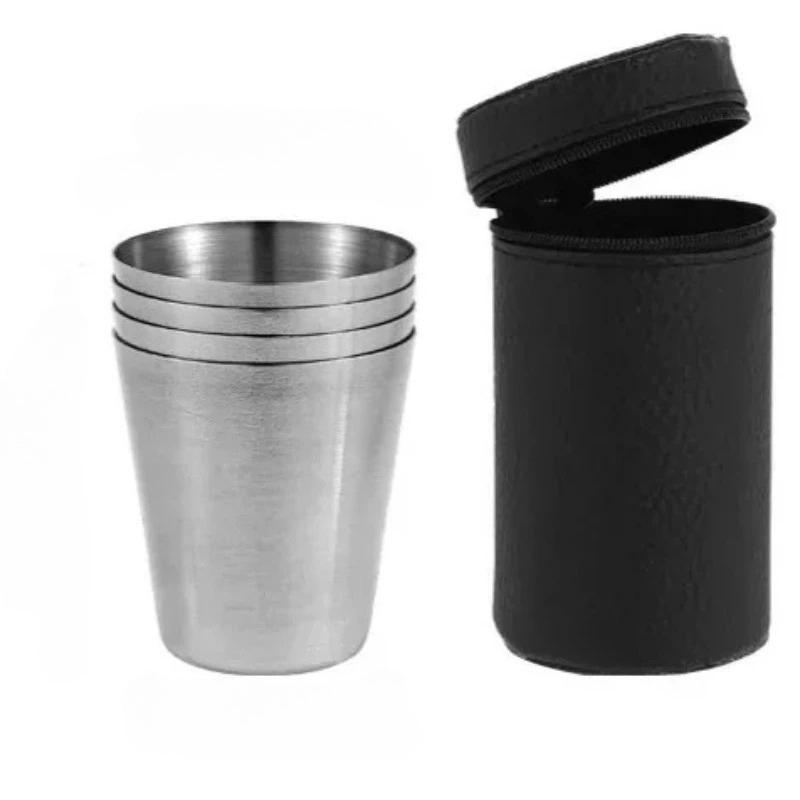 Set aus 4 Edelstahl Outdoor Tragbare Mini-Trinkbecher mit Trageetui für Wandern Camping Reisen Kompakte Wasserflaschen