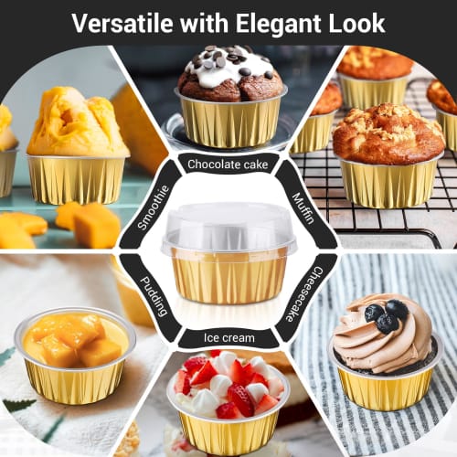EUSOAR Aluminum Muffin Cups with Lids, 100 Pieces 5oz Muffin Liners with Lids, Disposable Foil Ramekins, Aluminum Cupcake Liners, Creme Brulee Ramekin