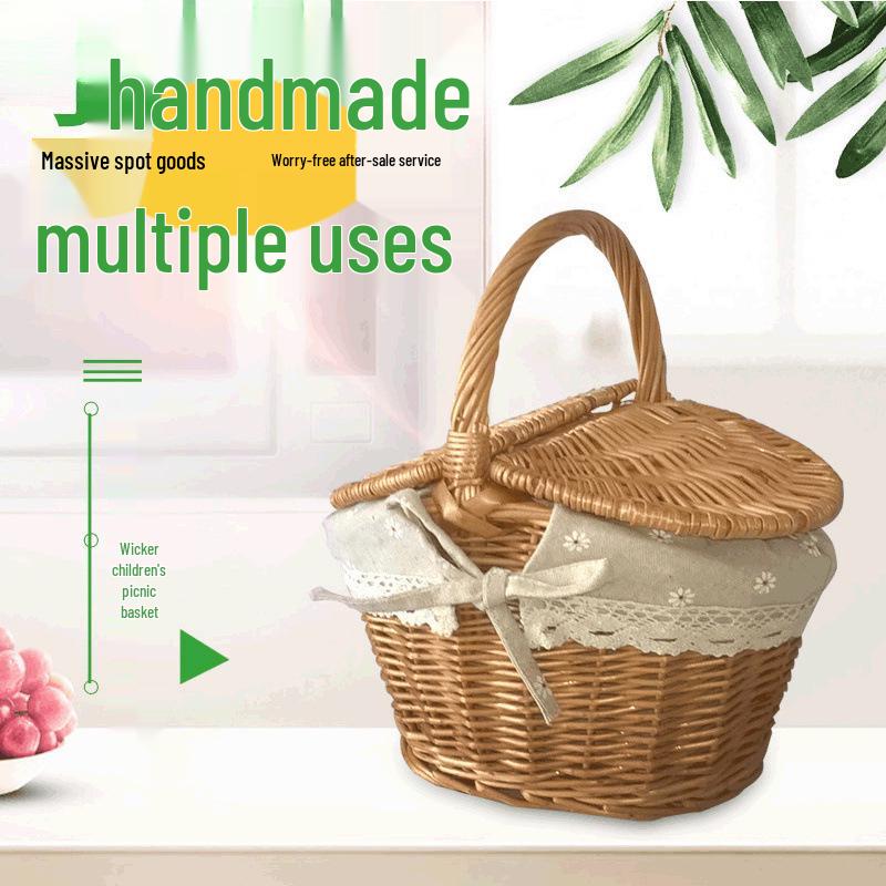 Handmade Wicker Willow Picnic Basket with Lid - Pastoral Style Storage and Fruit Basket