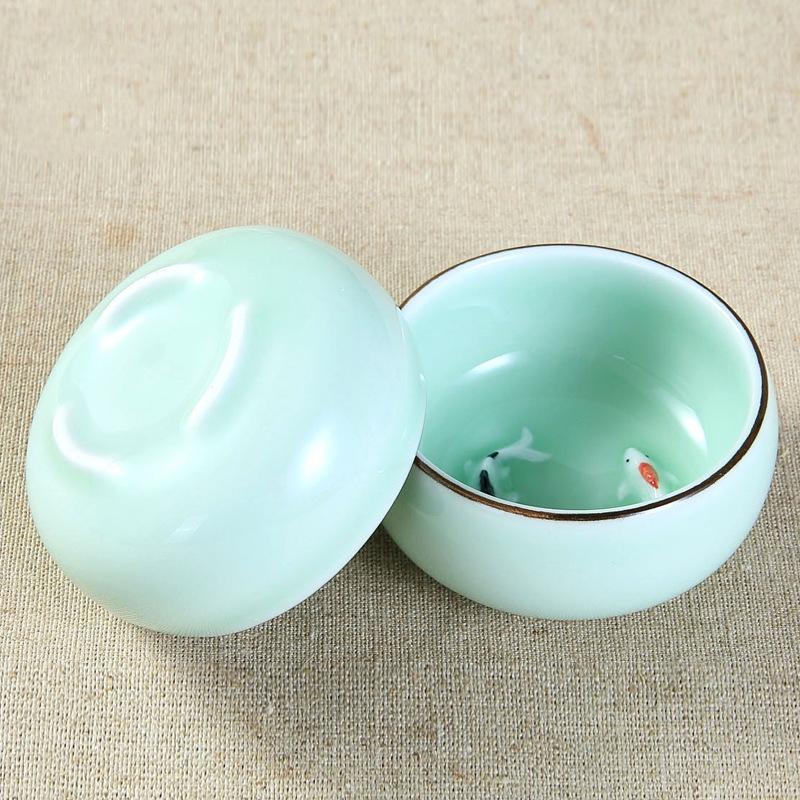 45ml/80ml Handpainted Ceramic Embossed Double Carps Teacup Longquan Celadon 3 Foots Fish Luohan Vintage Personal Cups Green Blue