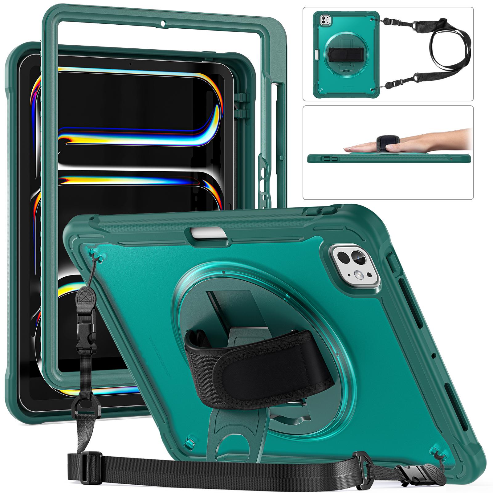 

For iPad Pro 11 (2024) Case Hand Strap Kickstand PC+TPU+Silicone Cover with Shoulder Strap Midnight Green