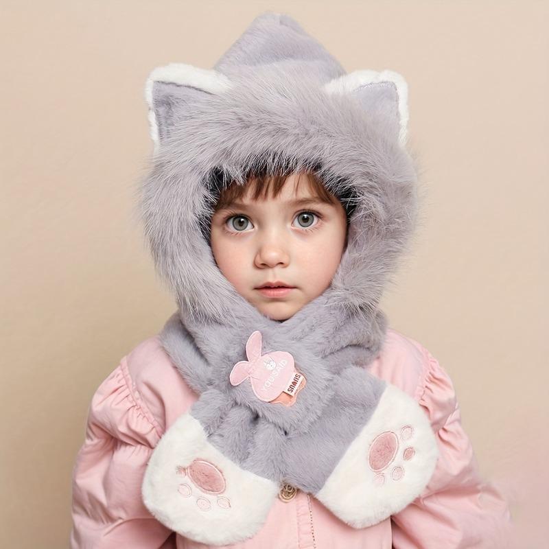 Youngsters Cute Cat Ear Winter Plush Thickened Ear and Neck Protection Daily Warm Cat Paw Embroidery Hat and Scarf Combo