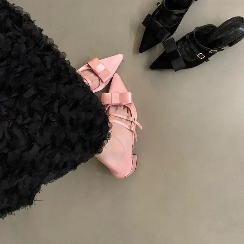 Mode Meister Klobige Absätze Schleifen-umwickelter Kopf Halbslipper Damen Schuhe Tragen 2025 Sommer Neu Spitz Zehensandalen