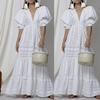Boho Women Holiday Lace Hollow Out Sundress Puff-Sleeve Solid V-Neck Maxi Dress