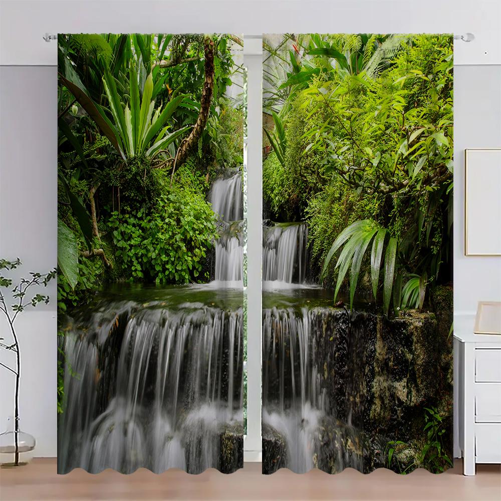 

2 шт. Домашние шторы «Лесной водопад» с пейзажным фоном и шторы с карманом для штанги, Кухня, Кофейня, Гостиная, Бэкон 75x166cm