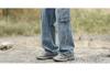 Men's Japanese Retro Workwear Denim Jeans - Multi-Pocket, Loose Fit, Straight Wide Leg, Trendy High Street Style, Blue.