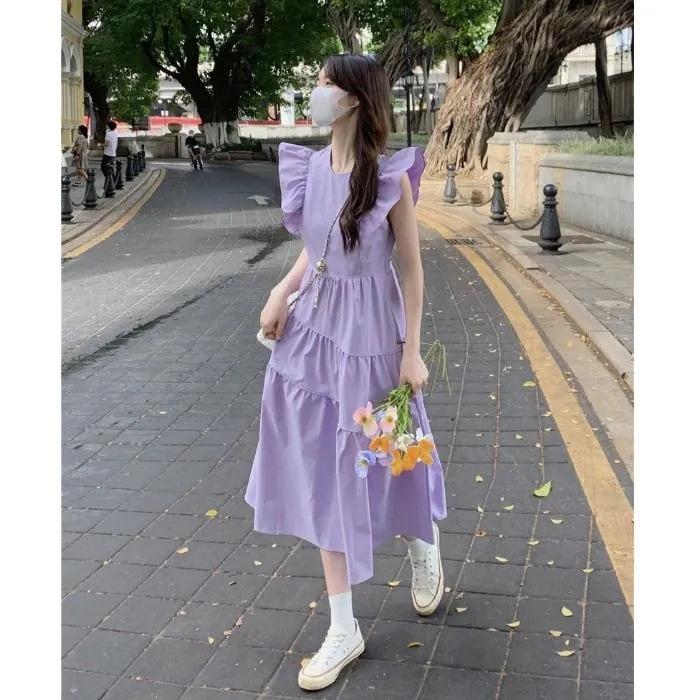 Design Sense Small Flying Sleeve Dress Summer Women's Chic Beautiful Seaside Vacation French Waist Reducing Age Medium and Long Skirt