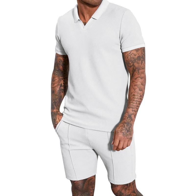 New Summer V-neck Short-sleeved Shorts Two-piece Set with Turn-down Collar Polo Shirt for Men