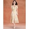 Elegant Champagne Floral Puff Sleeve A-Line Summer Dress