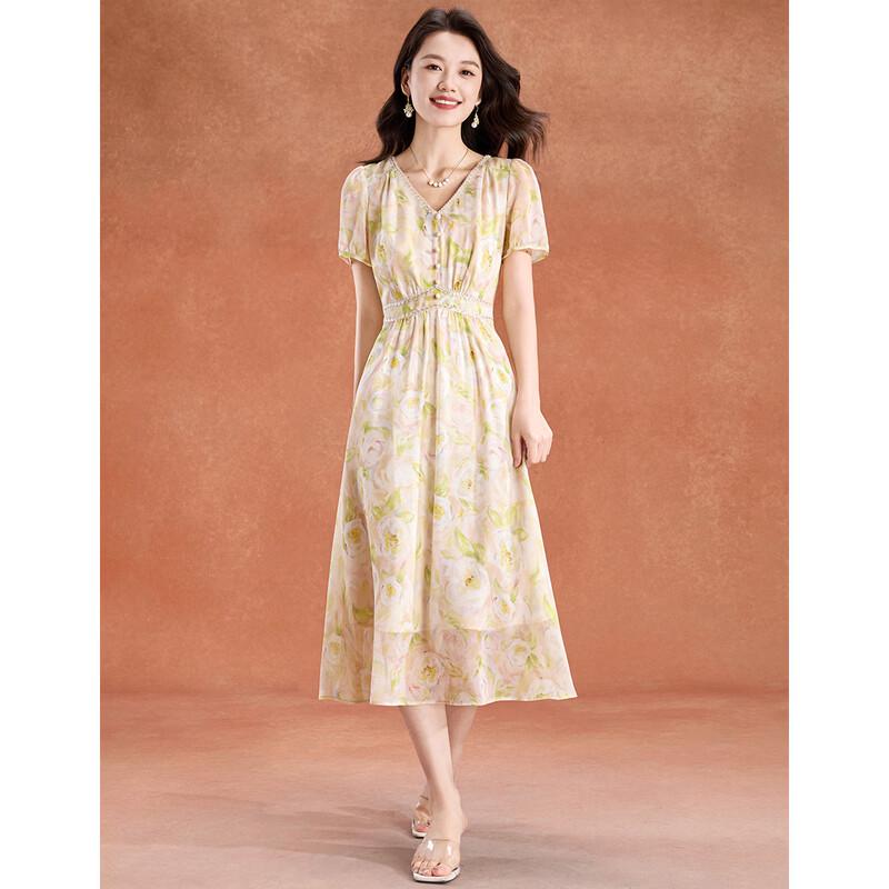 Elegant Champagne Floral Puff Sleeve A-Line Summer Dress