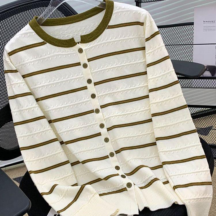 Colorblocking Gestreifter Rundhals Langarm Strick-Cardigan für Herbst und Winter