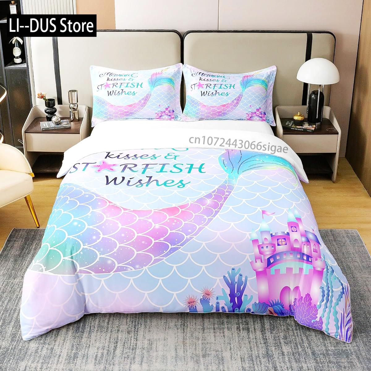 

Girls Mermaid Comforter Set Twin Size Fish Scale Bedding Set 3Pcs Bedroom Decor Quilt Cover With 2 Pillowcase Twin Full Size AU Single(140*210cm)3pcs
