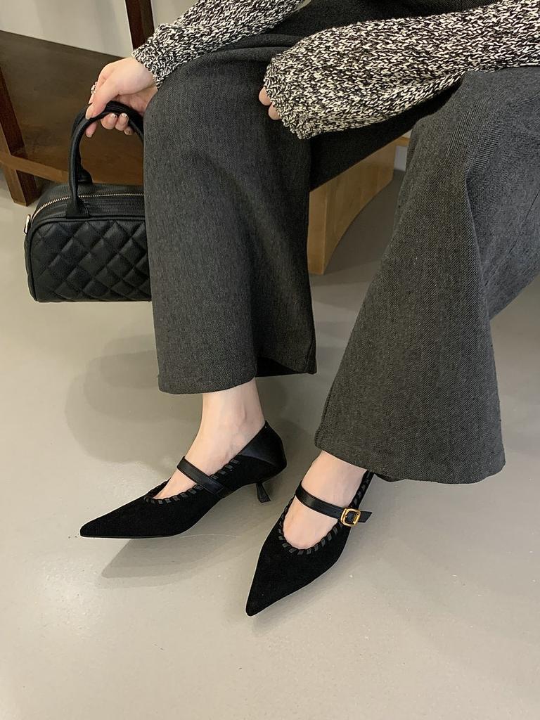 Temperamentvolle Damen-Pumps aus französischem Wildleder mit Spleißung, Herbst 2025 neu, vielseitig, Stiletto, spitz, mit einem Knopf, hohe Absätze