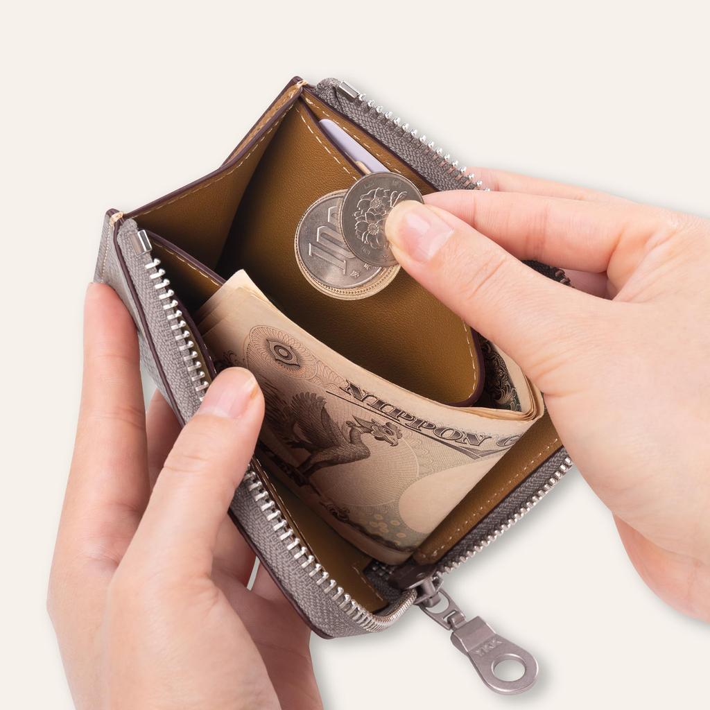 COGURE Wallet for Men and Genuine Mini Brand Bill Coin Card Includes Greige L-Zip Women, Leather, Small, Compact, Wallet, Name, Compartment, Purse,