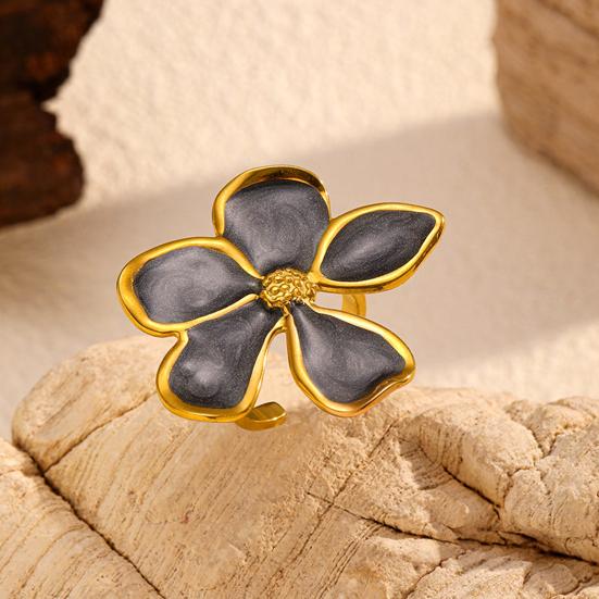 Finger Ring Five-Petal Flower Shape Open Adjustable Fit Women Ring Handcrafted Drip Glaze Enamel Metal Outline Middle Finger Band
