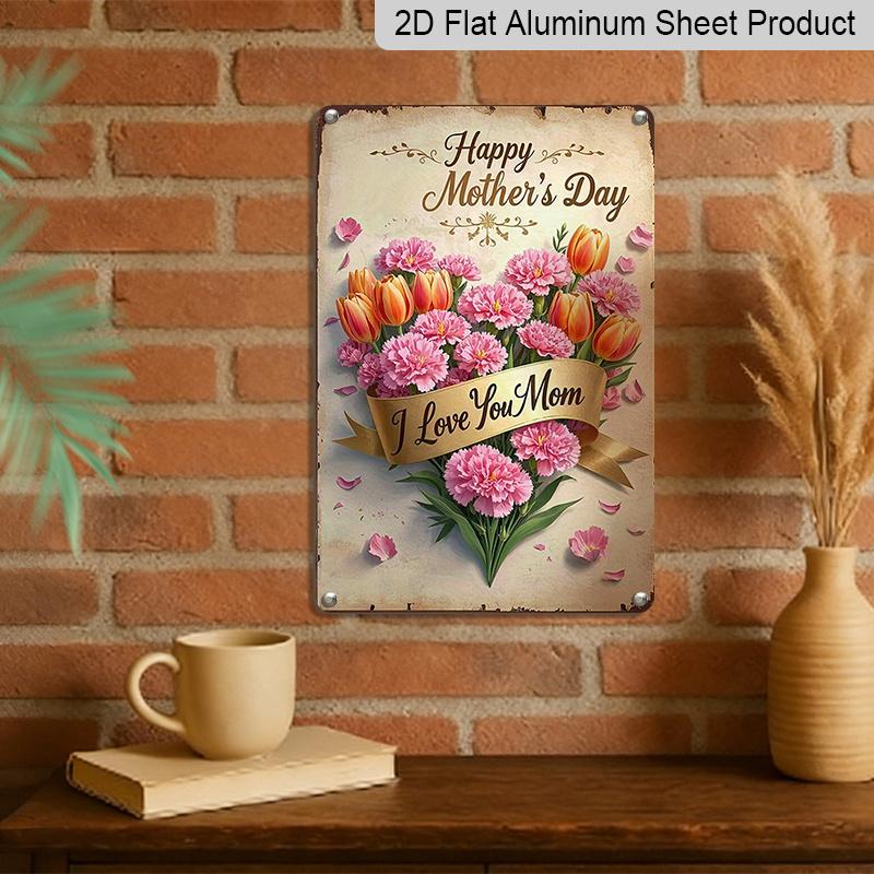 2D Flat, Vintage Mother'S Day Wall Art - "Happy Mother'S Day" Floral Design with Tulips & Carnation, Golden Ribbon "I Love You Mom" - Charming 8x12