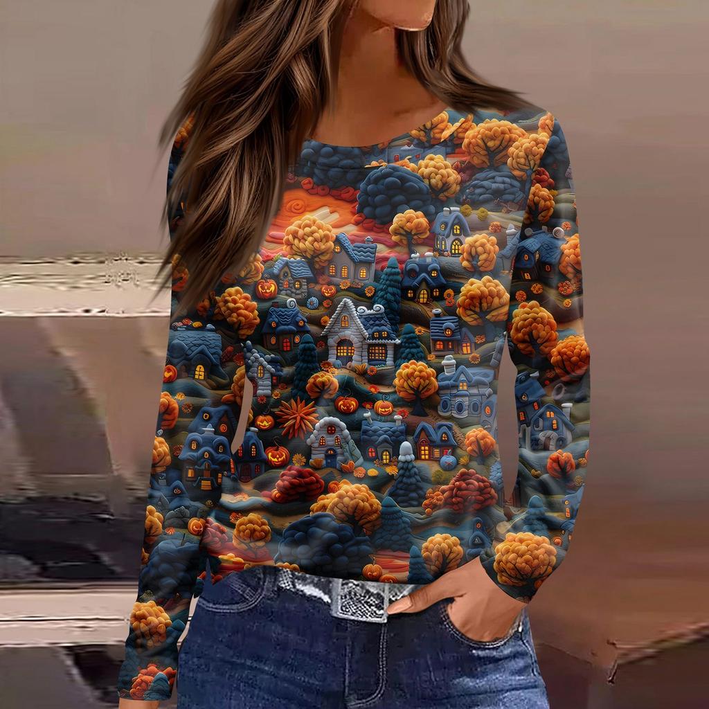 Women's Fashion Casual Slit Hem Round Neck Long Sleeve Loose Halloween Printed T-Shirt Ladies Top