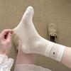 Women's Ballet-Style Mid-Calf Cotton Socks, Spring/Summer Collection, White with Cute Bow Embroidery, Miu Style.