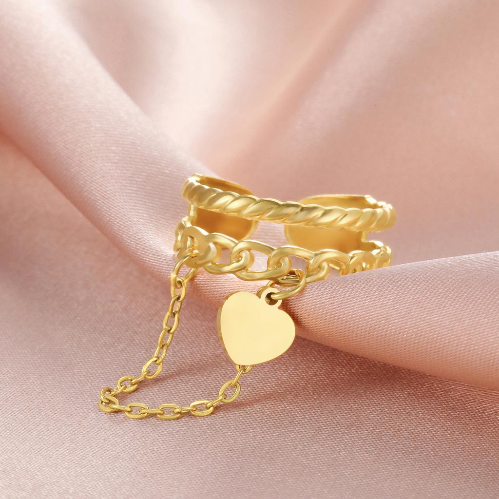 Lemegeton Open Ring for Couple Small Charm Zircon Stainless Steel Chain Accessories Heart Zircon Beauty Fried Dough Twists New