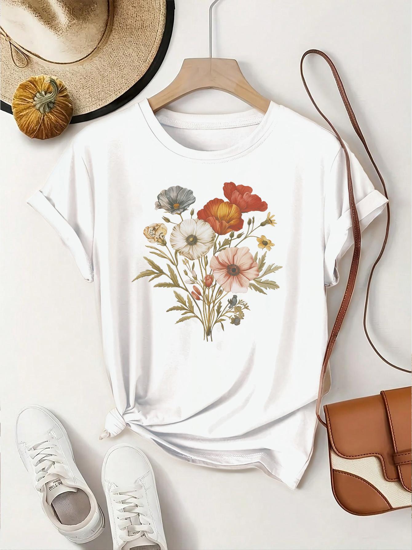 Women s Yellow Botanical Bloom Floral Print T-Shirt Vintage Style Summer Girl Dinner Sunny Color Round Neck Short Sleeve Tee Top S