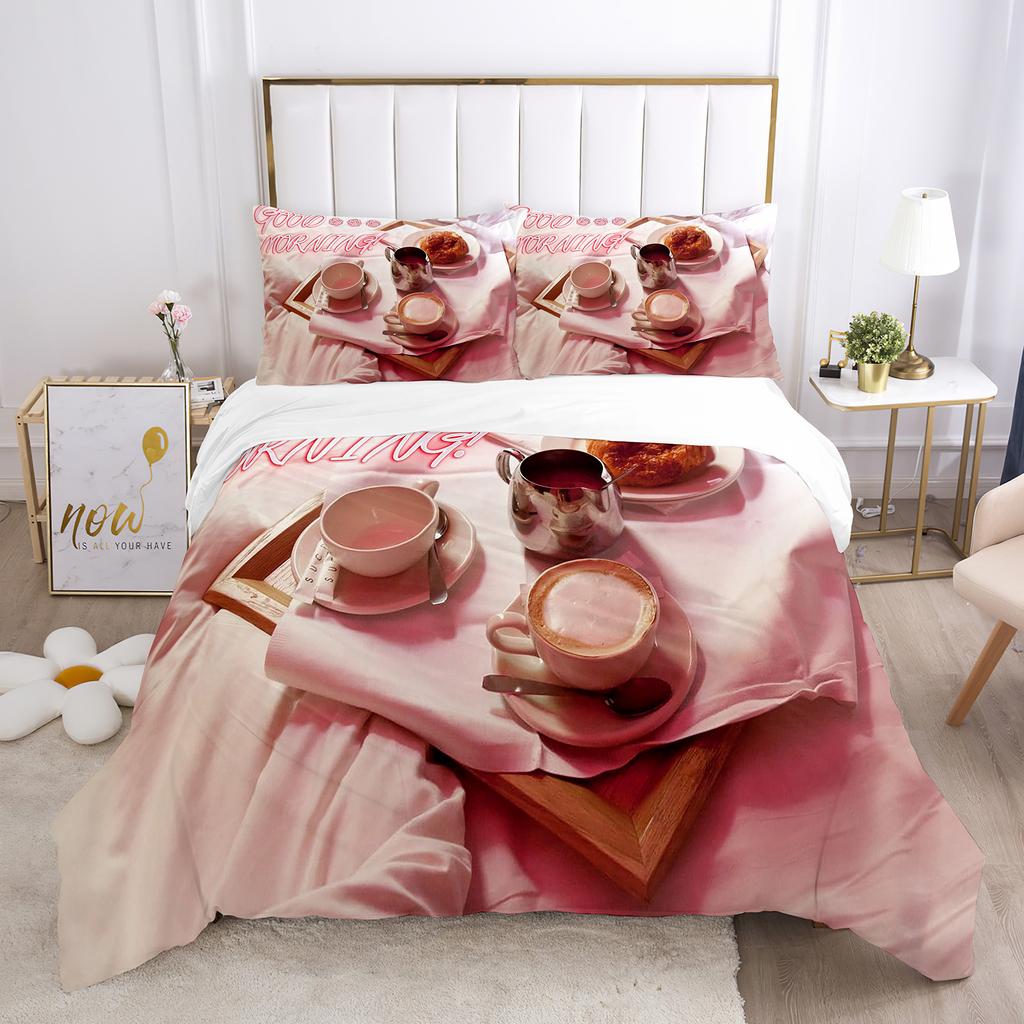 Buon Mattino Set Copripiumino Stampa 3D Pane Caffè Colazione Poliestere Copripiumino King Queen Matrimoniale per Set Letto Adolescenti