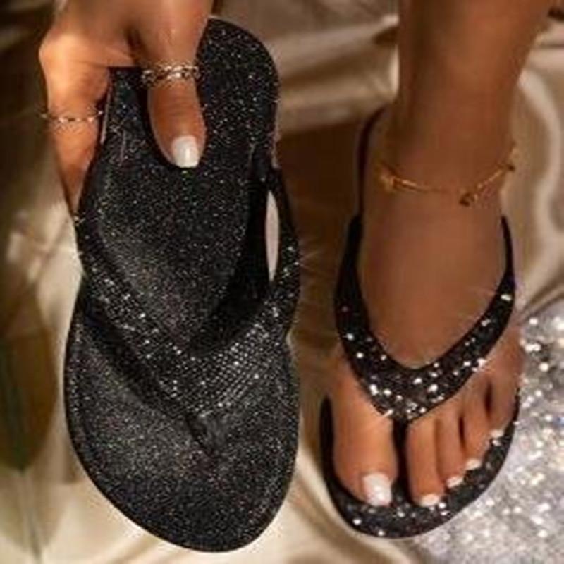 Mode 2024 Damen Zehensandalen Slipper Pantoletten Bling Strass Damenschuhe Lässig Sommer Flach Weiblich Kristall Glitzer Frau Übergröße 43
