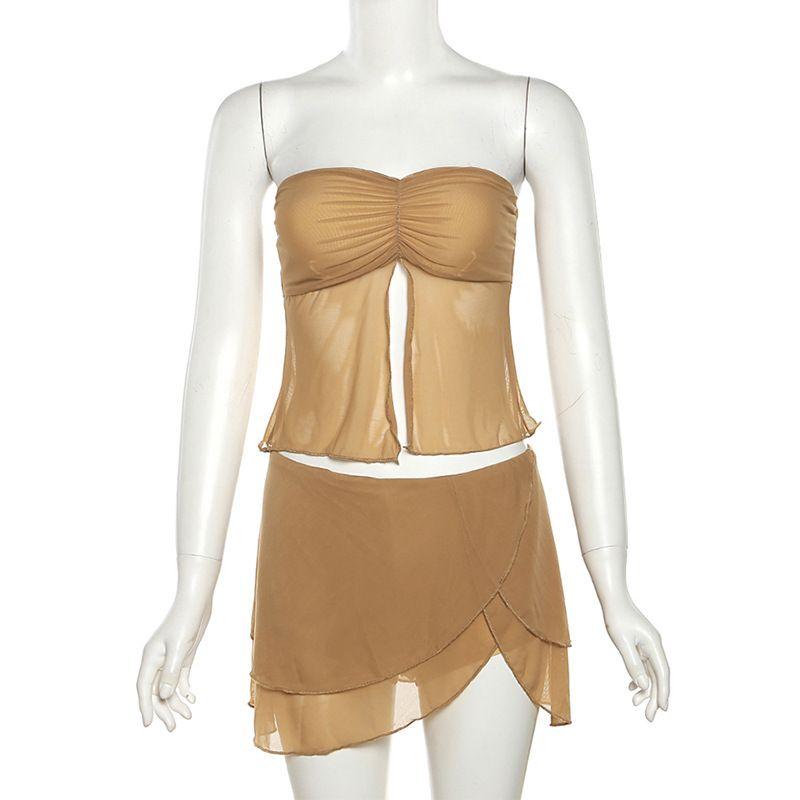 

Short Skirt Set Pure Want to Wrinkle Wrapped Chest Mesh Vest Women Patchwork Ultra Short Skirt Suit Women Khaki S