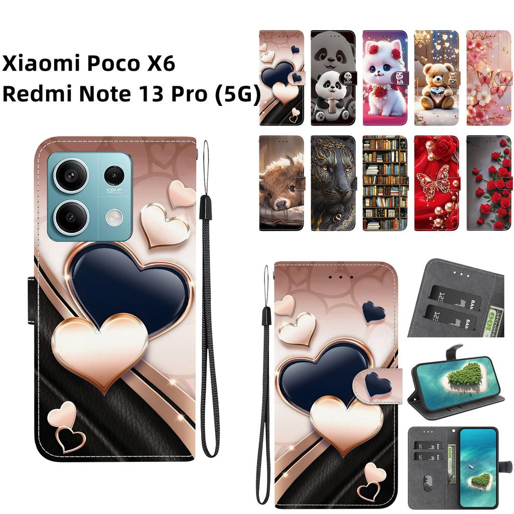 Handgefertigte PU-Leder-Klapphülle für Xiaomi Poco X6 / Redmi Note 13 Pro (5G) Rutschfeste Stoßfeste Hülle mit Handschlaufe & Herz/Rose Katze Designs