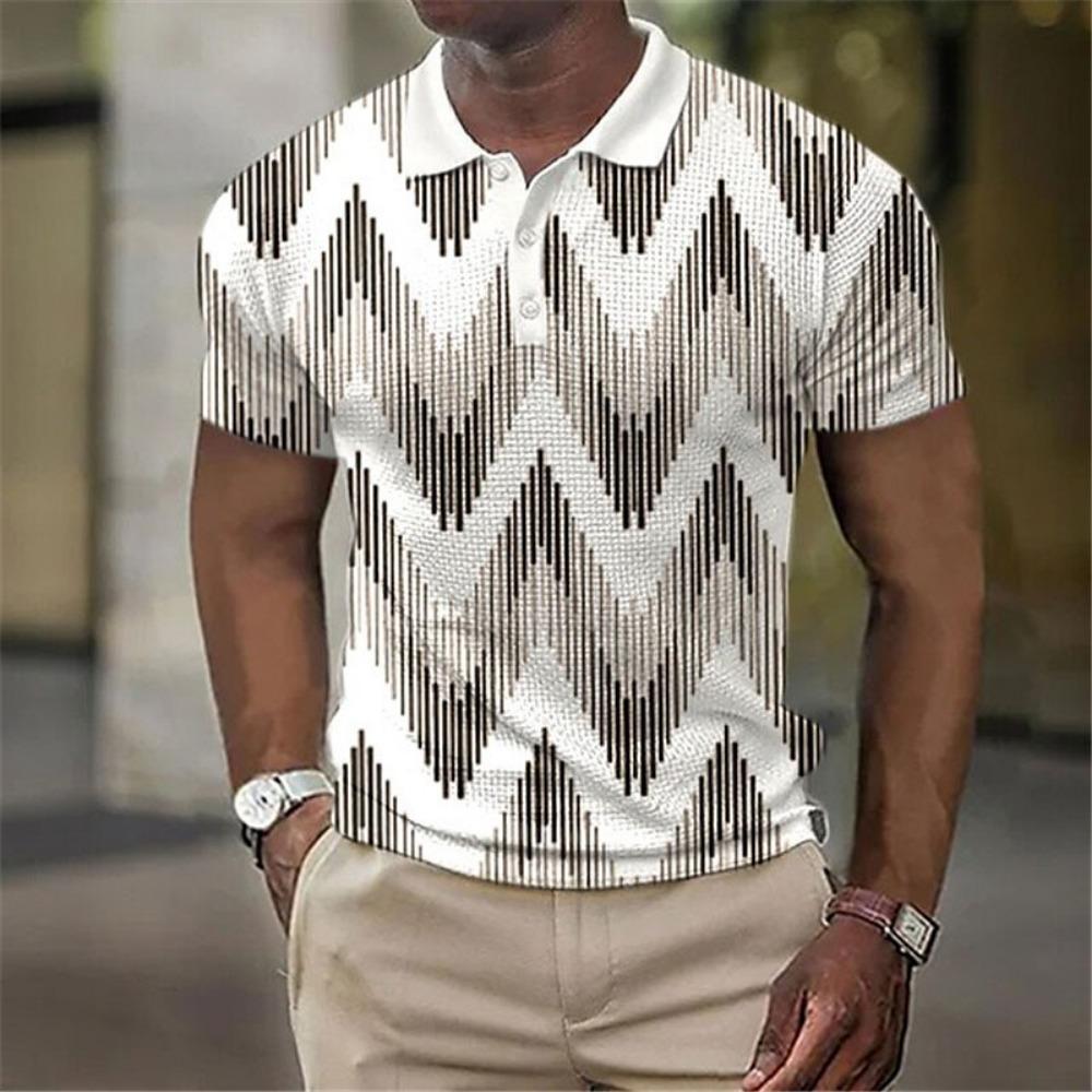 Geometric Stripe Pattern 3D Digital Printing Men's Casual Polo Shirt