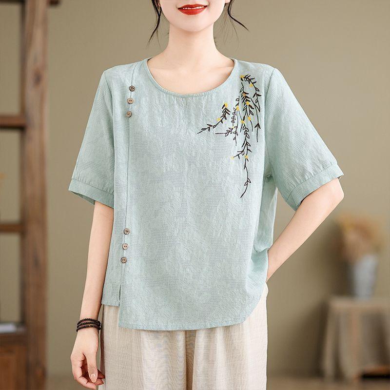 Mid-Age Women's Summer Cotton Linen Embroidered Two-Piece Set: Short Sleeve Top & Pants, Plus Size, Loose Fit