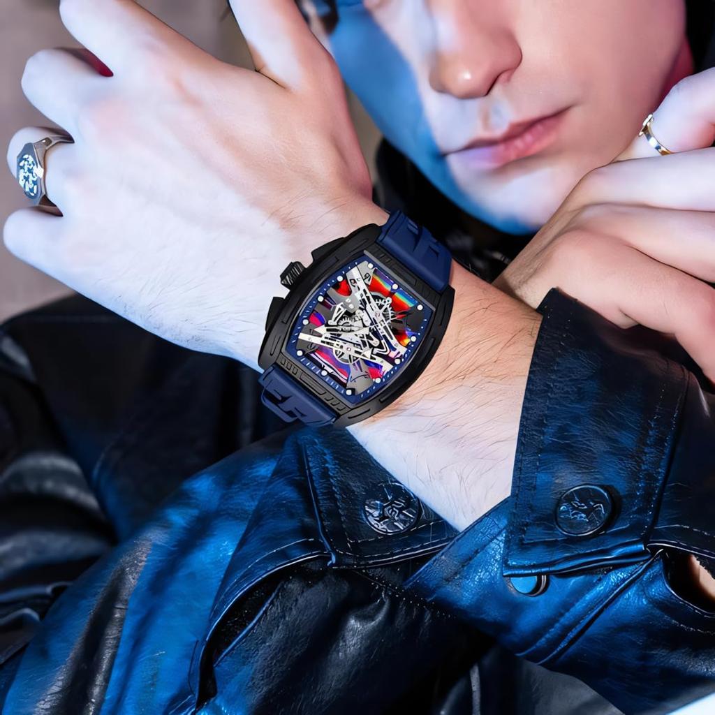 New Business Cool Wine Barrel Shaped Hollowed Dial Men's Wristwatch Silicone Strap Waterproof Luminous Quartz Male Watch