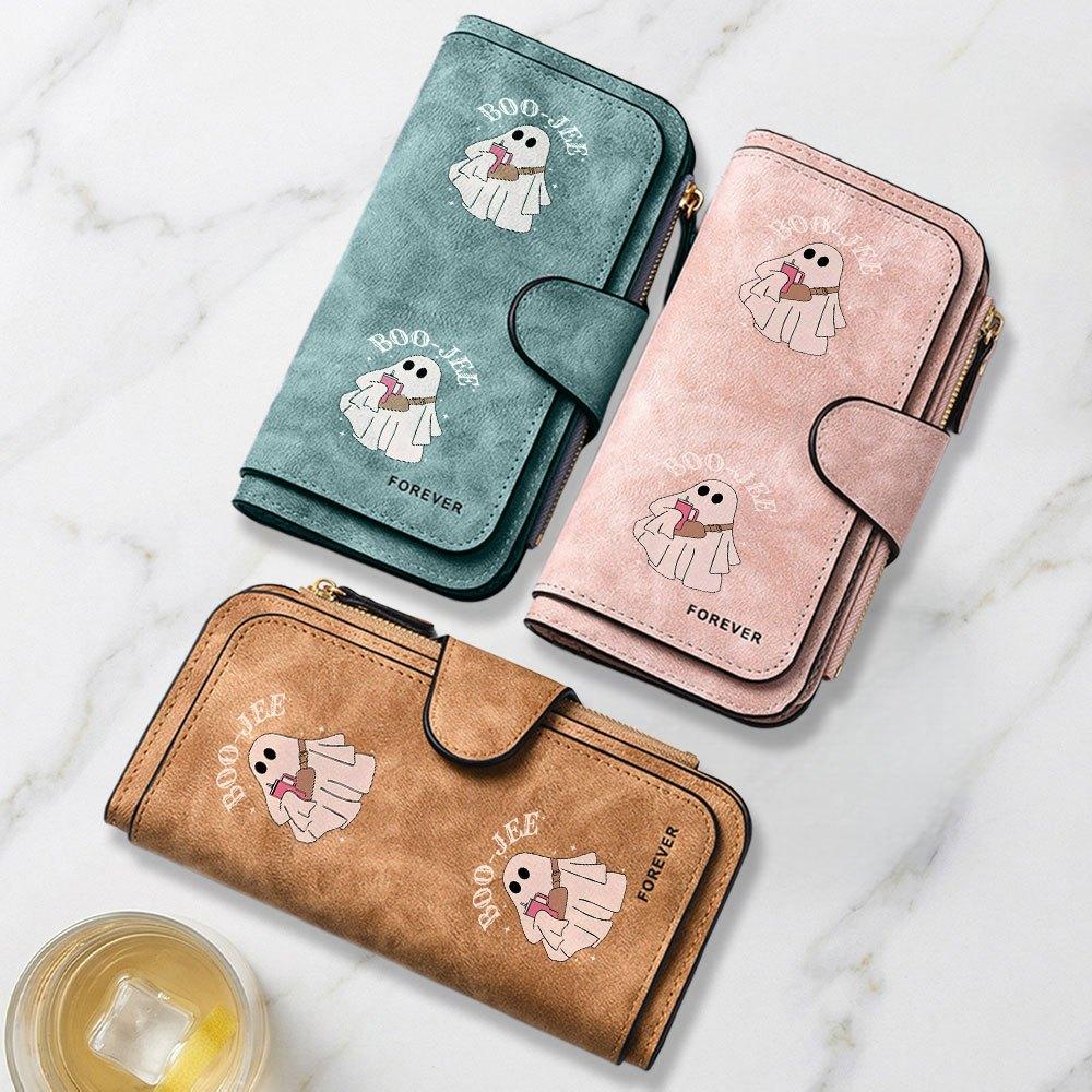 Cute Ghost Holding Drink Illustration Print Long Wallet Unisex Multifunctional Portable Snap Coin Purse Perfect Birthday Gift For Daily Use