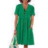 Women's Casual Loose Fashion Retro Cotton Short Sleeve V-neck Pleated Dress