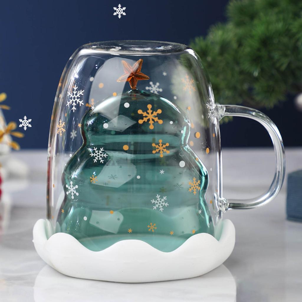 300ML Christmas Tree Glass Cup Heat-Resistant Double Wall Glass Cup Coffee Mug with Lid Cute Christmas Gifts