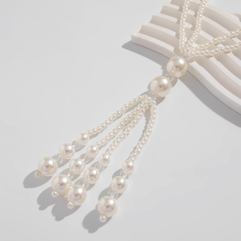 Módní bílý náhrdelník s imitací perel Temperament Jednoduchý dlouhý korálkový křišťálový řetízek na klíční kosti Náhrdelníky svetr Příslušenství