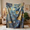 [2D FLAT PRINTING] 1pc Blue and Golden Vintage Floral Art Themed Flannel Blanket - Large Size, Soft, Lightweight, and Warm, Suitable for All Seasons -