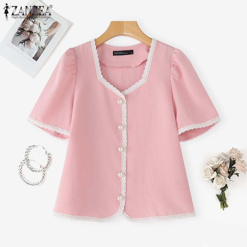 ZANZEA Women Casual Square Neck Summer Short Sleeve Splice Blouse