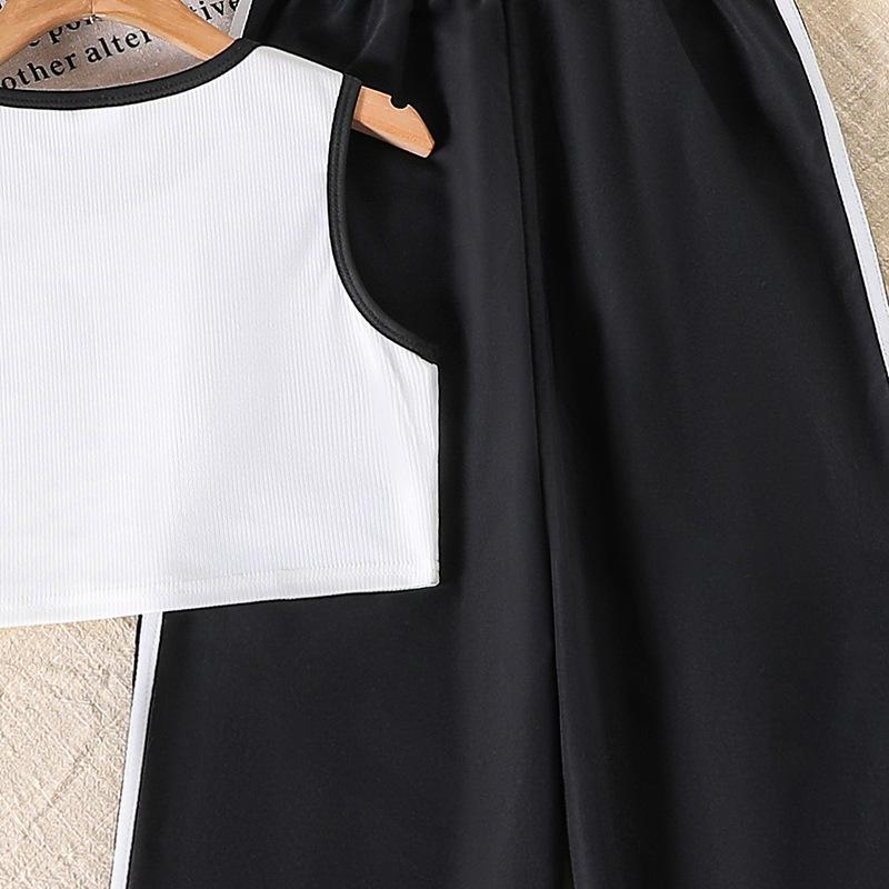 8-12Y Girl's Suit Children's Summer Clothing Bow Tie Vest Top + Casual Striped Trousers Children's Short-sleeved